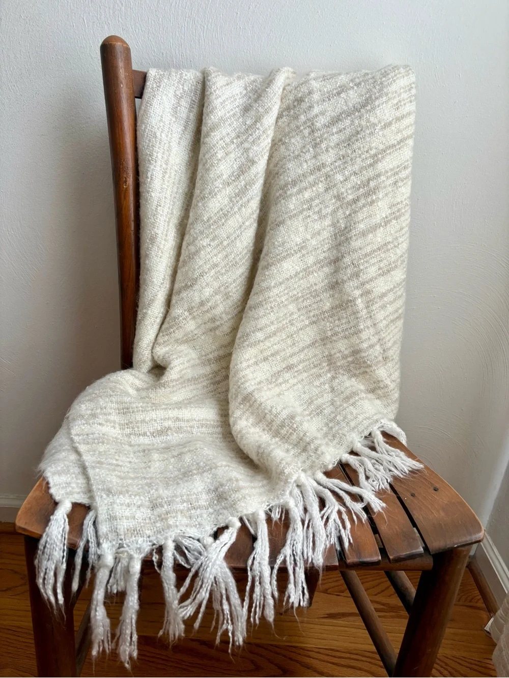 WEST ELM Cream Stripe Tassel Throw Blanket 44” x 56” Neutral Minimalist